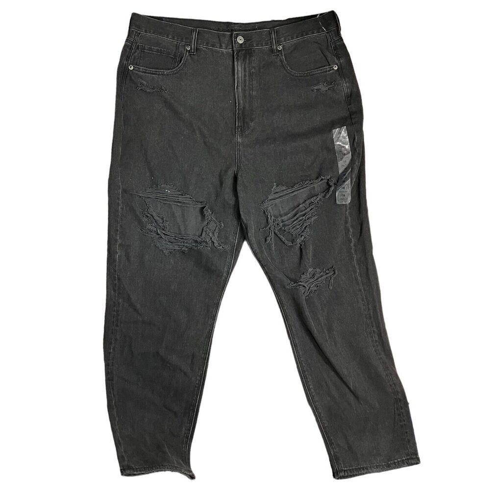 American Eagle Mom Jeans 18 Black High Rise Distressed Faded Straight Busted Rip